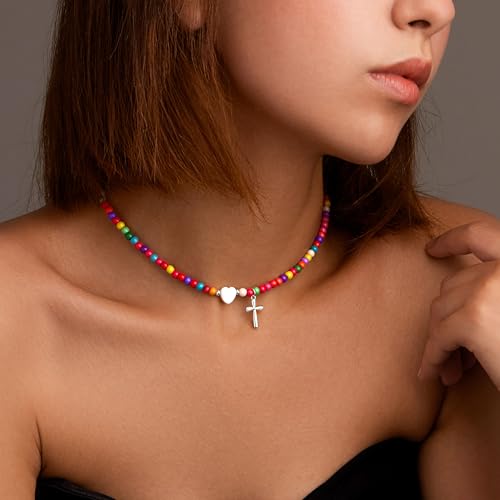 WomenGifts Colorful Beaded Cross Pendant Necklace, Trendy Heart Choker Jewelry for Teen Girls Women, First Communion Confirmation Baptism Catholic Religious Perfect Valentine's Gifts - color: Silver