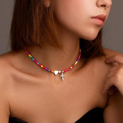 WomenGifts Colorful Beaded Cross Pendant Necklace, Trendy Heart Choker Jewelry for Teen Girls Women, First Communion Confirmation Baptism Catholic Religious Perfect Valentine's Gifts - color: Silver