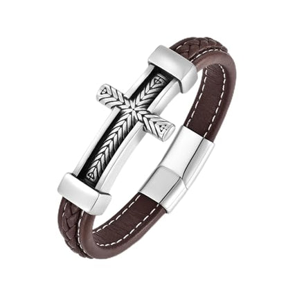 Leather Cross Bracelet Braided Faith Bangle for Men, 8.3 &9.1 Inch - color: 07.brown leather; Style: wheat cross, size: 8.3in(Fits most wrists)