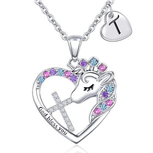 Easter Basket Stuffers - Easter Gifts for Girls Kids,Cross Unicorn Necklaces with Initial for Teen Girls Kids Daughter Granddaughter Birthday Christian Religious Gifts 16+3 Inches - style: T