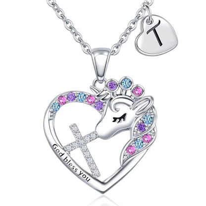 Easter Basket Stuffers - Easter Gifts for Girls Kids,Cross Unicorn Necklaces with Initial for Teen Girls Kids Daughter Granddaughter Birthday Christian Religious Gifts 16+3 Inches - style: T