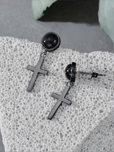 Black Dangle Drop Earrings 925 Sterling Silver Black Onyx Stud Earrings Viking Rune Jewelry Gift for Women Men - color: A03-Cross