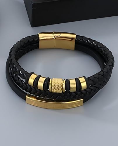 Kim Carrey Italian Handmade Leather Bracelets for Men - color: Golden, size: 8.2"