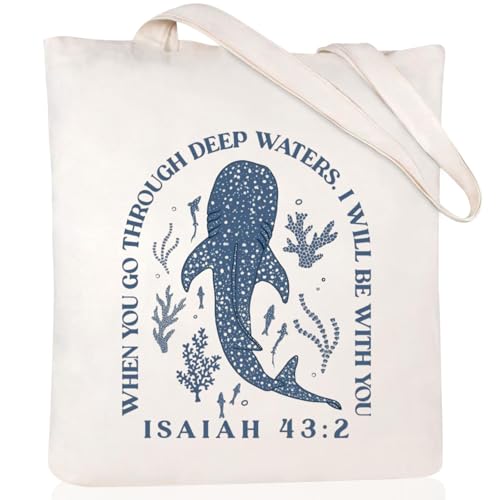 Andeiltech Canvas Christian Tote Bags Bible Canvas Bag Faith-Inspired Graphic Book Tote for Church Christian Birthday Gifts - color: \Whale Shark