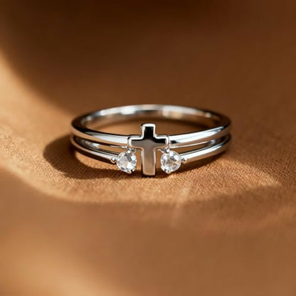 Cross Ring for Women, Dainty Faith Cubic Zirconia Ring Easter Religious Christian Confirmation Baptism Women's Jewelry Gifts for Mother Sisters Daughter Granddaughter Non Tarnish