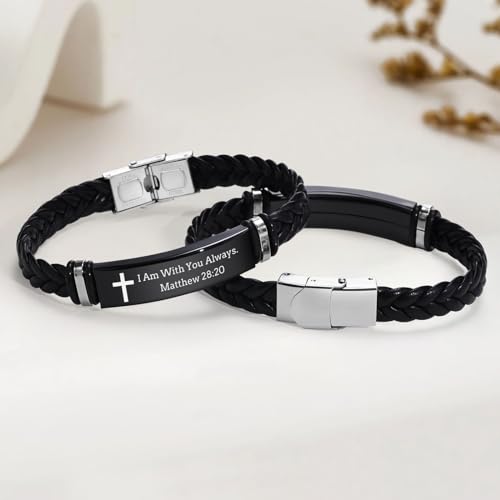 Leather Bracelet Sobriety Gifts for Men : Inspirational Quote/Bible Verse Engraved Braided Black Mens Bracelet for Him, Customized Religious Christian Gift Jewelry for Son/Dad/Boys/Boyfriend/Husband - style: 03:I am with you always