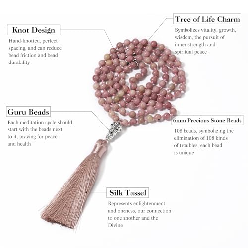 INBLUE 108 Mala Prayer Beads Wrap Necklace with Long Tassel Boho Necklace for Women Amazonite Bead Bracelet with Spiritual Tree of Life Pendant 108 Beads Necklace for Meditation - color: Natural Rhodonite