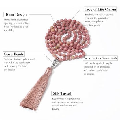 INBLUE 108 Mala Prayer Beads Wrap Necklace with Long Tassel Boho Necklace for Women Amazonite Bead Bracelet with Spiritual Tree of Life Pendant 108 Beads Necklace for Meditation - color: Natural Rhodonite