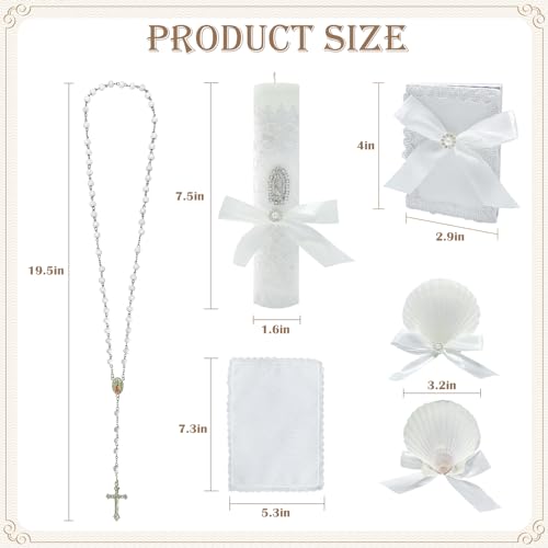 Baptism Candle Set for Boys Girls,White 5 PCS Baptism Kit Virgen De Guadalupe Catholic Candle,Baptismal Towel,Baptismal Shell,Rosary,Bible for Baby Dedication Christening Gift,Velas para Bautizo Niño