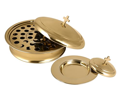 Communion Set for Church - One Communion Tray & Bread Plate with Lid - color: Shiny Gold Finish