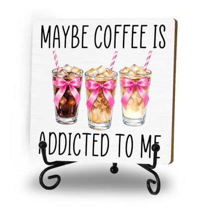 Coffee Bar Sign, Coquette Pink Bow Coffee Wooden Plaque With Iron Stand - color: Iced Coffee