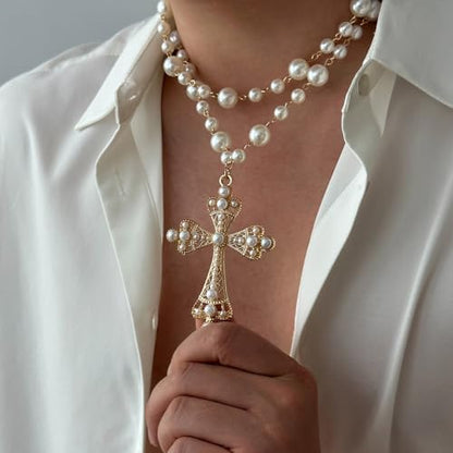 Pearl Cross Necklace Big Cross Pendants Necklaces for Women Chunky Pearl Necklace Gothic Cross Necklace Punk Vintage Cross Jewelry Women - style: Gold 05