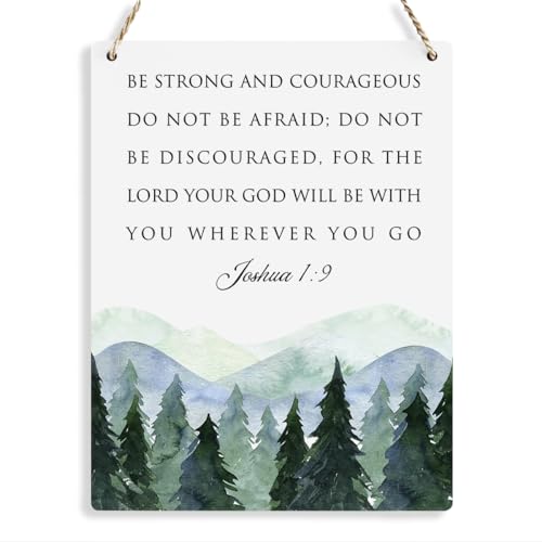 BELLOWDEER Inspirational Decor Be Strong and Courageous Joshua 1:9 Scripture Wooden Hanging Sign Christian Gift for Baby Kids Girl Boy Nursery Teen Room Bible Verse Wall Art 8 x 10 Inches - color: Joshua 1:9