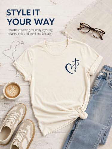 Muicy Women's Cross Heart Print Cotton Christian T-Shirts Religious Christian Tops for Summer Church 2026 - color: Apricot, size: Medium