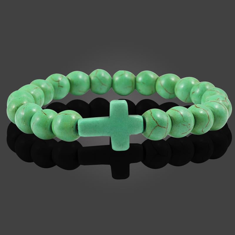 FORUBUS Lava Rock Stone Beaded Bracelet, Cross Charm Natural Volcanic Stone beads Turquoise Stretch Bracelet for Women Men Religion Jewelry Pray Baptism Gift - color: B 1pcs green