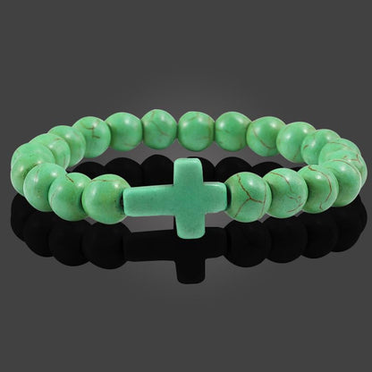 FORUBUS Lava Rock Stone Beaded Bracelet, Cross Charm Natural Volcanic Stone beads Turquoise Stretch Bracelet for Women Men Religion Jewelry Pray Baptism Gift - color: B 1pcs green