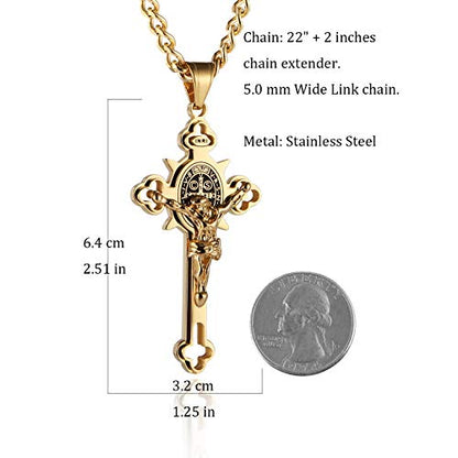 HZMAN Stainless Steel St. Benedict Crucifix Cross Necklace for Men - color: Large Gold