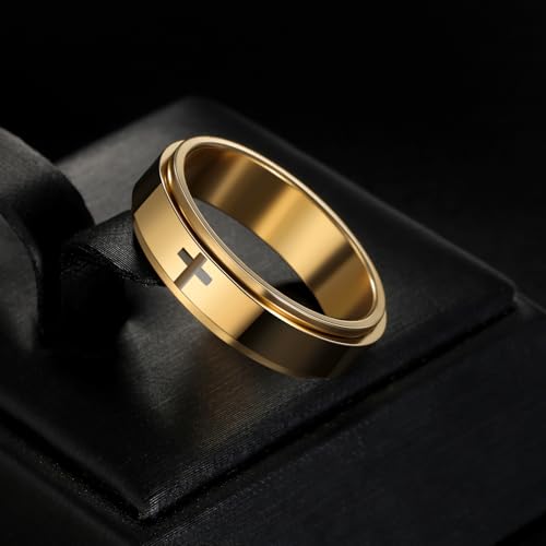 Mens Fidget Rings Anxiety Ring for Men 6mm 8mm Chain Spinner Ring Size 5-14 - color: Jet Gold