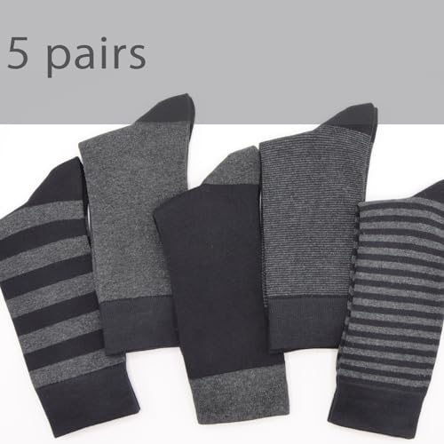 Men's Colorful Striped Dress Socks, 5-Pack Cotton, Sock Size 10-13 - color: Black & Charcoal Classic Mix
