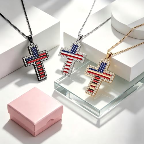 American Flag Cross Pendant Necklace, Silver-Tone, Stars and Stripes, Patriotic Religious Jewelry,for a gift box - color: gold+black+silver