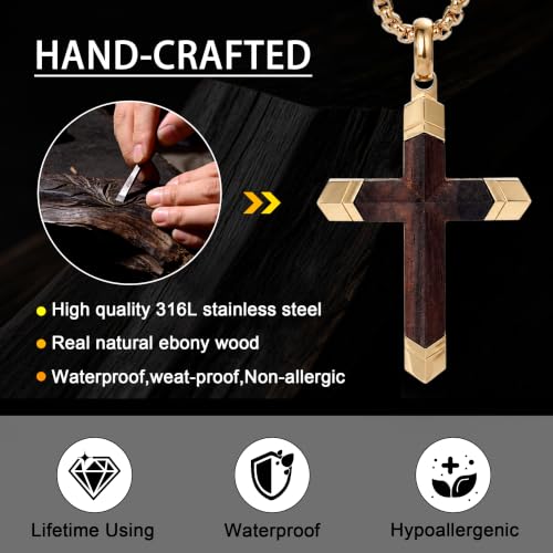 Wooden Cross Necklace for Men with Stainless Steel Adjustable Chain 24-26in, Christian Wood Crucifix Pendant Gift for Him - style: Gold Ebony