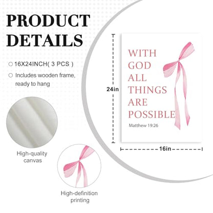 NCCXNCC 3Pcs Coquette Pink College Style Bow Canvas Wall Art 12x16 Inch - color: Bible Pink Bow, size: 16×24inch