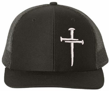 Christian Cross Baseball Cap, Religious Sacred Nails Design, Navy Blue Adjustable HAT with White Embroidered Design and Free 4" Window Decal