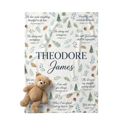 Personalized Forest Bible Verse Baby Boy Blanket, Custom Christian Nursery Decor, Baptism Gift for Boy, Woodland Scripture Prayer Throw - color: Forest Blanket #2
