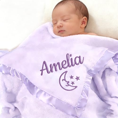 Personalized Baby Blanket with Embroidered Name,Custom Baby Receiving Blankets Soft Fleece Toddler Blanket for Newborn Baby Girl Shower Gifts -36" x 36" - color: Purple