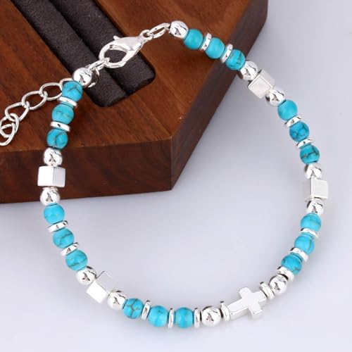 Beaded Bracelets for Women, Inspirational Natural Gemstone Bracelets Graduation Mothers Day Christmas Birthday Gifts for Mom, Daughter, Granddaughter, Wife, Sister, Best Friend - color: Turquoise, style: Cross