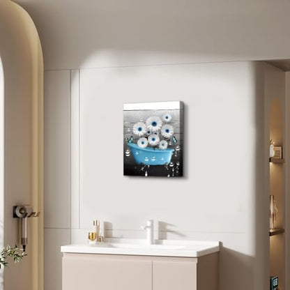 QPOKLAF Blue Bathroom Wall Art Canvas Prints Farmhouse Wall Deocr,Blue Tub Flower Posters Washroom Aesthetic Decoration 12x16inch Framed - color: Blue Tub Flower Farmhouse Wall Deocr (Ready to Hang)