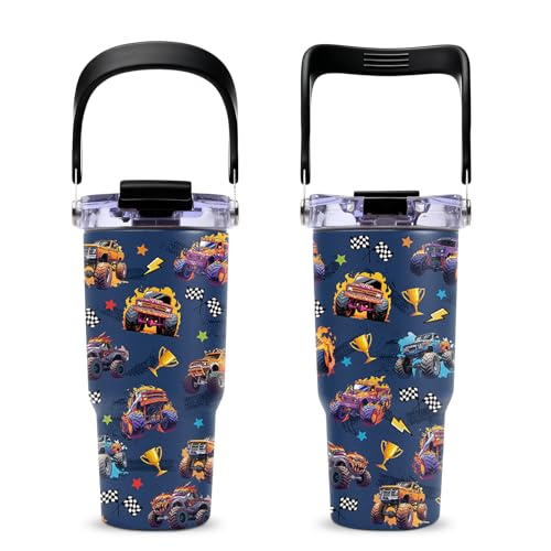 Monster Truck Tumbler with Top Handle and Flip Straw Lid 20oz Stainless Steel Insulated Travel Cups for Boys - Christmas Birthday Ideas for Monster Truck Kids Coffee Mugs - color: Truck02
