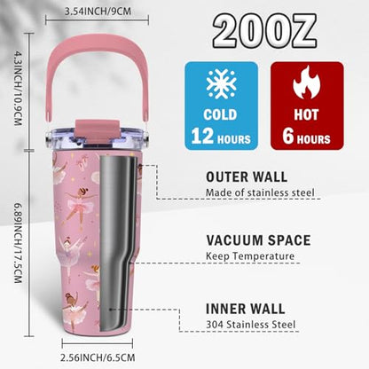 Ballerina Gifts for Girls - Pink Ballet Tumbler with Top Handle and Flip Straw Lid 20oz Stainless Steel Insulated Travel Cups - Christmas Birthday Ideas for Ballet Dance Lover Kids Coffee Mugs - color: Ballet01