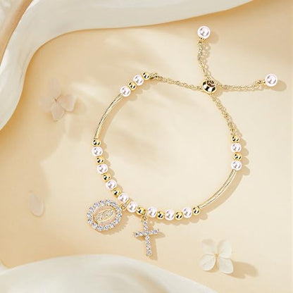 Rosary Cross Bracelet for Women, Gold Virgin Mary Rosary Beads Catholic Bracelet - style: white and gold beads
