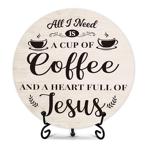 Coffee Bar Sign, Christian Coffee Decorations for Coffee Bar, Farmhouse Round Wood Plaque with Stand, Coffee And Jesus Themed Coffee Signs for Coffee Station Home Office, Coffee Lover Gifts (09) - color: Rustic