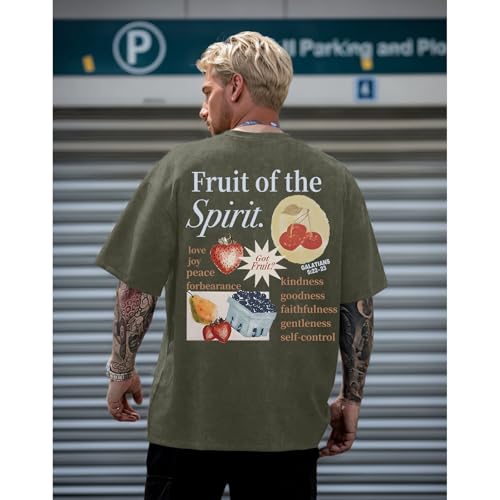 Christian Fruit of The Spirit Shirt for Men Jesus Religious Shirts Oversized Graphic Tees Acid Wash God T-Shirt Tops - color: Army Green, size: XX-Large