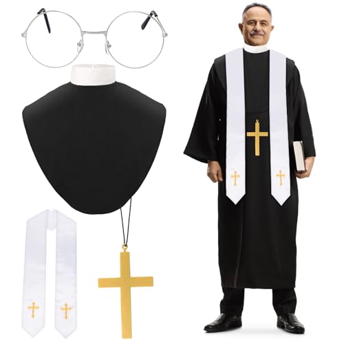 Yewong 4 Pieces Adult Father Costume Accessories Set Embroidery Clergy Stole Shirt Neck Collar Cross Pendant Necklace and Glasses for Halloween Cosplay Party