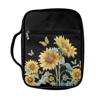 Coldinair Sunflower Bible Cover for Women Girls Butterfly Bible Case Scripture Study Carrying Book Cover Church Bag Protective with Handle and Zippered Pocket - color: Sunflower Butterfly