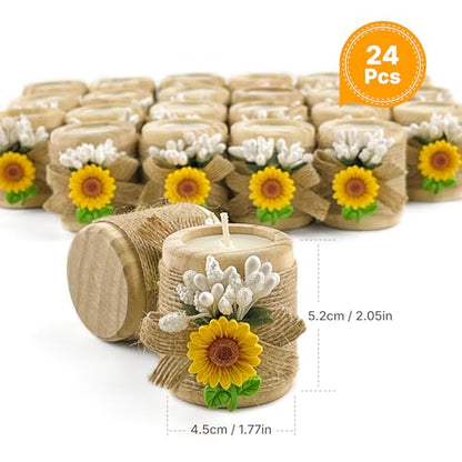 24 Pack Sunflower Wood Tealight Handmade Candle Holders - Wedding, Baby Shower, Baptism Favors & Centerpieces, Cylinder Candles Decorations - size: 24