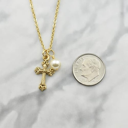 Little Girls Gold Cross Necklace with Crystal Pearl | 14" Plus 2" Extender Chain | Gift for Goddaughter | Baptism Jewelry | First Communion Gift