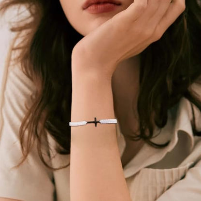 Initial Bracelets for Women Teen Girls Handmade Rope Braided Bracelet for Men Jewelry Birthday Graduation Mother's Day Gifts for Mom Wife Girlfriend Her Friends - style: 9 black-silver cross