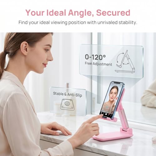 Phone Stand for Desk, Cell Phone Holder Cute Smart Cellphone Stand Foldable Stands Compatible with Under 8" Devices, Office Accessories, Sakura Pink - color: D-Pink