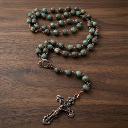 Nazareth Store Vintage Design Rosary Natural Jasper Stone Beads Necklace Holy Soil Medal & Cross Crucifix Religious Rosaries Terra Santa Jerusalem Collection