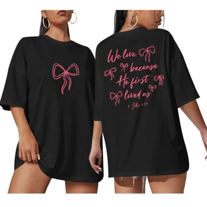Christian Faith Bow Shirts for Women Cute Coquette Shirt Jesus Religious Tshirts Bible Verse Oversized Graphic Tee - color: Black, size: Medium