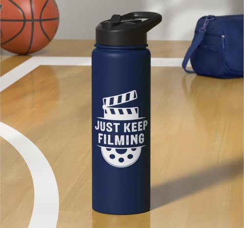 Just Keep Filming Film Industry Video Filmmaker Filming Stainless Steel Insulated Water Bottle - color: Navy Blue
