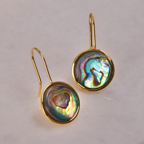 Abalone Earrings for Women - Dainty Drop Bezel Dangle Earrings - color: 12mm - 14K Gold Plated