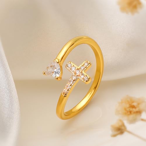14K Gold Plated CZ Cross Heart Ring Eternity Promise Jewelry for Her - style: Heart Cross