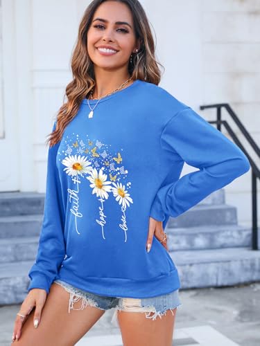 Women’s Christian Sweatshirts,Faith Hope Love Daisy Print Crewneck Long Sleeve Casual Loose Fit Sweatshirt - color: Blue, size: Medium