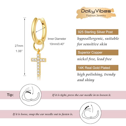 DAILY VIBES Cute Butterfly Star Cross Heart CZ Dangle Earrings for Women - color: Gold Cross CZ