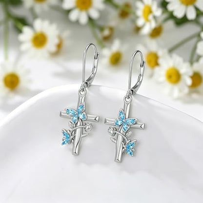 Butterfly Earrings for Women 925 Sterling Silver Birthstone Butterfly Cross Rose Dangle Earrings Elegant Butterfly's Jewelry Gift for Birthday Valentines Day Christmas - color: 3-March